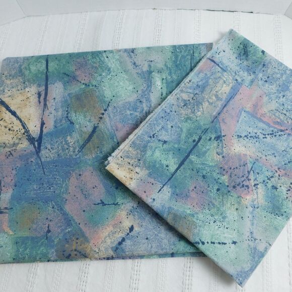 1990s FABRIC Decorator Geometric Speckled Cotton 2 Pieces 56x49, 48x19 Blue Aqua - Picture 9 of 10